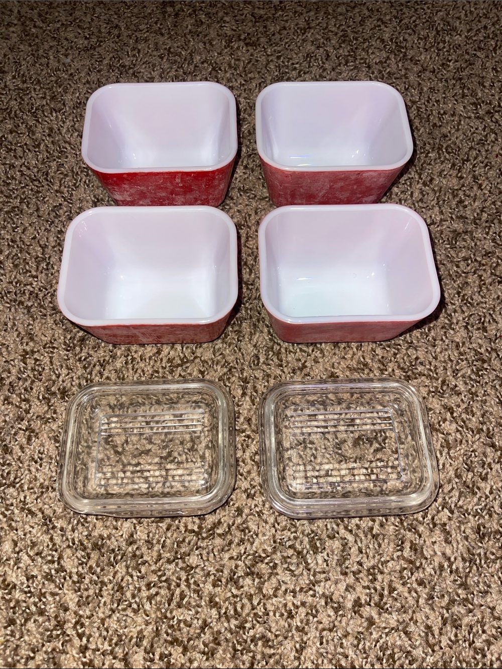 Set of 4 Red Ceramic Prep Bowls with 2 Glass Lids